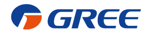 Logo marki Gree. Napis w kolorze niebieskim. Obok niebiesko - czerwoen kółko.